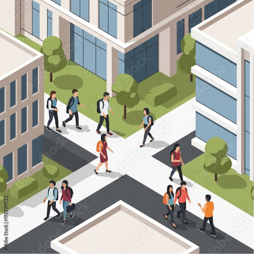 Students walking on campus between modern buildings.