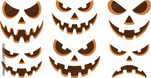 Set of Spooky Halloween Pumpkin Faces on White scary