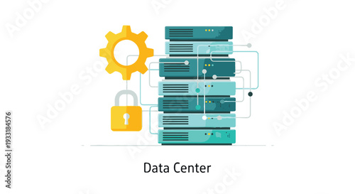 Secure Data Center Infrastructure with Server Racks, Gear, and Padlock