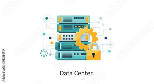 Data Center Security and Management Concept with Servers, Gear, and Padlock