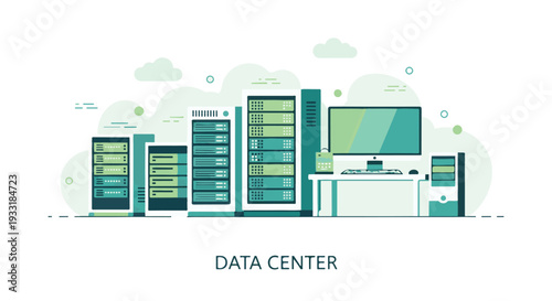 Modern data center illustration with server racks and computer workstation