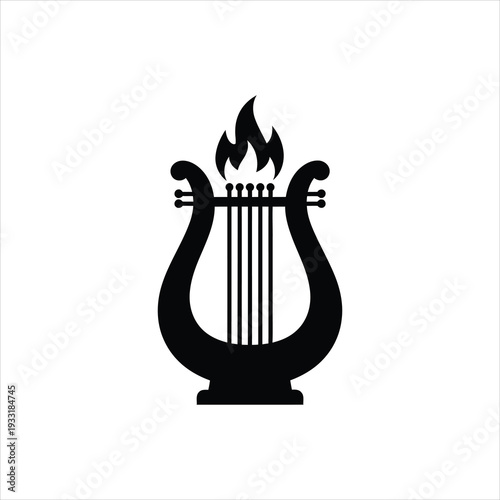 Lyre icon with flame on top, symbolizing passion, inspiration, and fiery music, black and white graphic