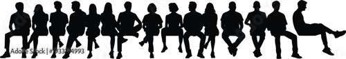 Flat vector silhouettes of people sitting in row, diverse postures, casual group, relaxation, modern minimal artistic human illustration design