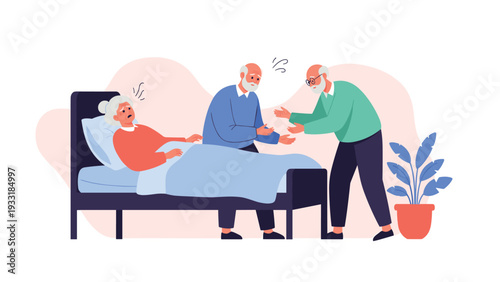 Two caring family members or caregivers providing support and assistance to an elderly woman resting in a hospital bed.