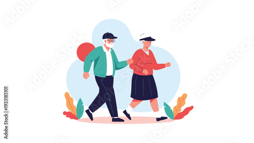 Active senior man and woman walking together through a park during autumn for health and fitness during retirement.