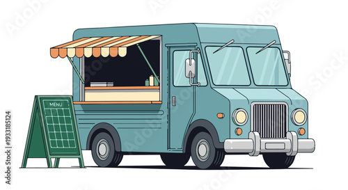 Cartoon light blue food truck with striped awning and menu board