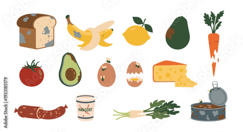 Collection of various food items showing spoilage, mold, and rot