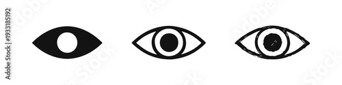 Eye icon set: simple, outlined, and hand-drawn styles. Vector illustration of a human eye symbol for vision or visibility.