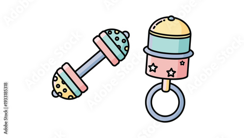 Colorful baby rattle and dumbbell toy illustrations featuring pastel shades and playful patterns are ideal for nursery or infant care themes.