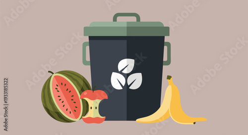 Composting organic waste: watermelon, apple, banana with a compost bin