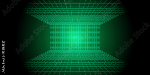 Futuristic perspective grid box. Abstract wireframe with white grid line on black background. Virtual reality landscape in 80s 90s digital style. Vector illustration.