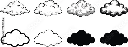 Set of eight stylized cloud illustrations with textured artistic swirls and simplified solid icons for creative vector art and modern graphic design projects