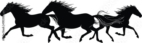 A black silhouette of three horses running side by side in a beautiful landscape