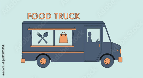 Minimalist Food Truck Illustration with Fork, Spoon, and Shopping Bag Icons