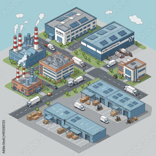 Isometric illustration of an industrial complex with various buildings and vehicles.