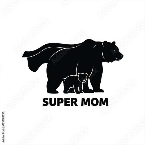Super Mom Bear with Cub Silhouette, Emblematic of Motherhood, Protection, and Strength