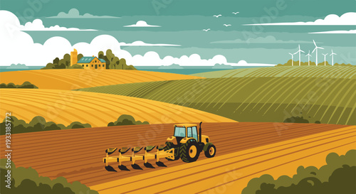 Vector illustration of an agricultural landscape with tractor, farm, and wind turbines
