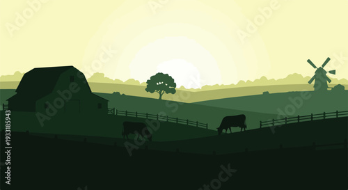 Minimalist rural landscape with farm animals and structures in silhouette