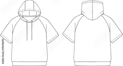 Women short sleeve hoodie vector template, front and back view pullover sweatshirt technical fashion flat sketch illustration design