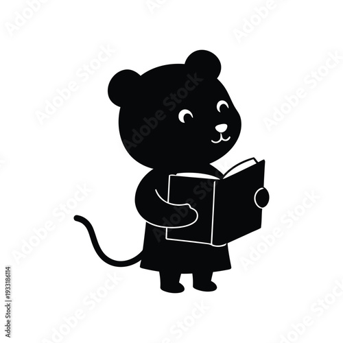 Cute Black Silhouette of a Mouse Reading a Book, Symbolizing Education and Childhood Learning