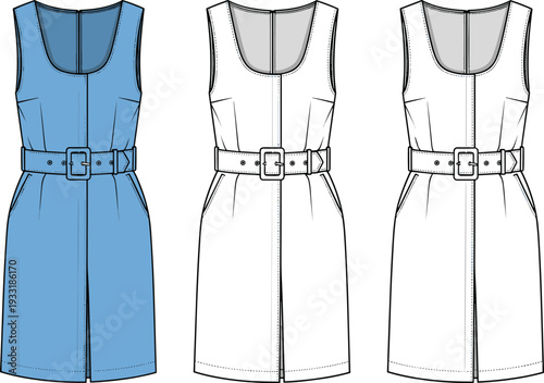 Women sleeveless belted dress vector template set, elegant knee length fitted dress fashion technical drawing with front and back view