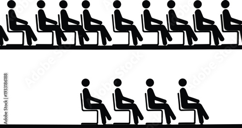 Flat vector silhouettes of seated stick figures in rows, audience arrangement, waiting posture, social distancing concept, modern minimal illustration