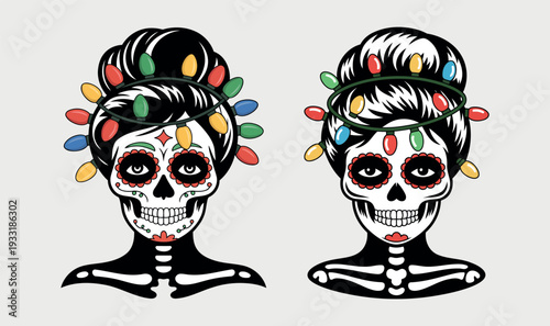 Day of the Dead Sugar Skull Woman with Christmas Lights Floral Vector Illustration