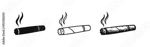 Lit cigar with smoke icon set: simple, outlined, and hand-drawn styles. Tobacco product or luxury habit symbol.