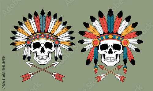 Tribal Skull with Feather Headdress and Crossed Arrows Vintage Vector Illustration