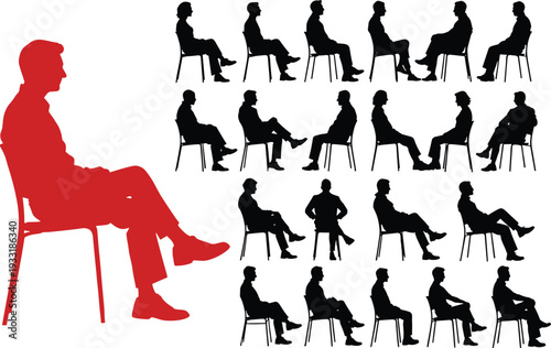 Large red silhouette leader figure with smaller black silhouettes seated in grid pattern, individuality uniqueness leadership prominence concept illustration artwork, flat vector
