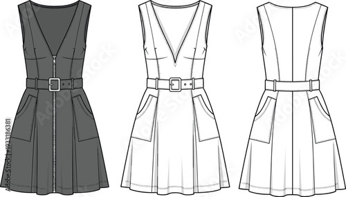 Women sleeveless belted dress vector template, front back and side view zip up V neck dress technical fashion flat sketch illustration