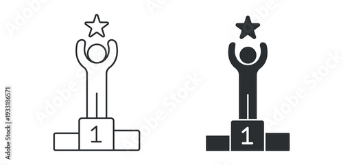 First Place Podium Icon Set, Number One Winner Line and Solid Vector Illustration