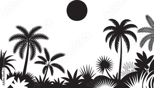 Silhouettes of tropical palm trees and dense jungle foliage under a dark sun with a bright white background