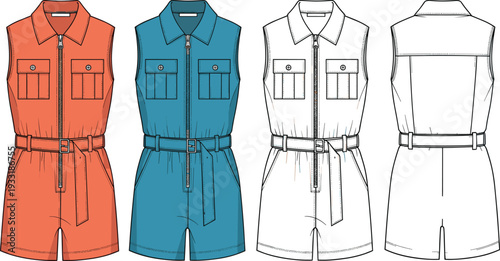 Women sleeveless utility romper vector template, front and back view belted playsuit with zipper and pockets, technical fashion illustration set