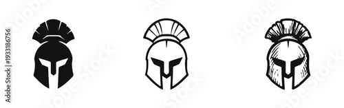 Spartan Helmet with Crest Icon Set - Ancient Greek Warrior Headgear Symbol in Various Styles