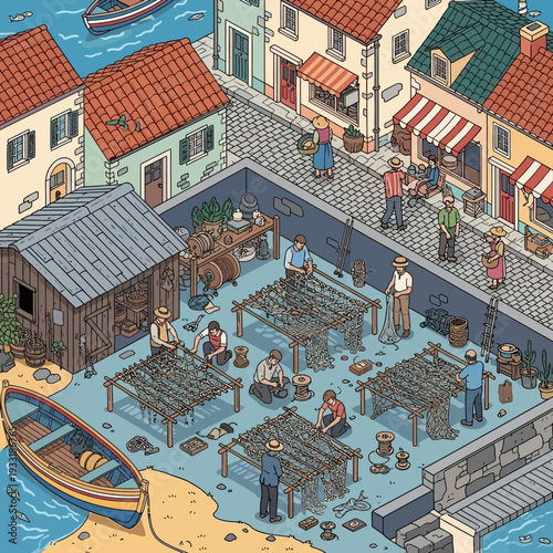 Vibrant harbor scene with fishermen unloading catch and buildings.