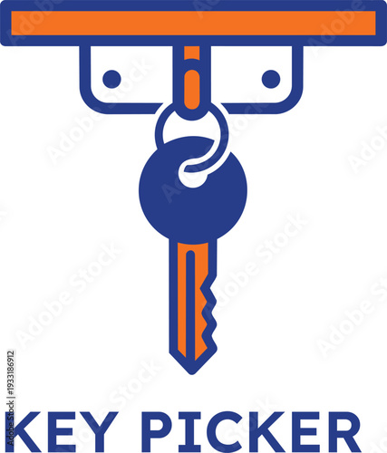 Key picker tool icon with orange and blue key hanging from it on transparent background