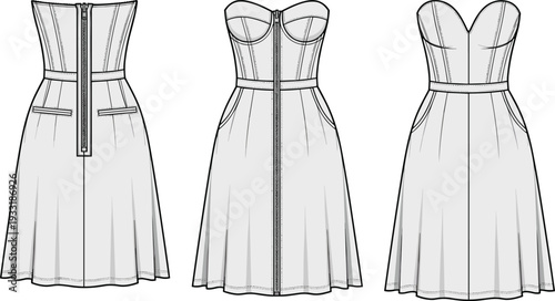 Women strapless corset dress vector template set, elegant fit and flare midi dress fashion technical drawing with front and back view