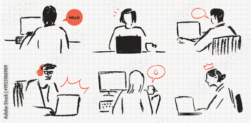 Business woman or man, manager or seo specialist work on project, website or social media promotion, advertisement. Freelance work on laptop with presentation in chalk simple style for web design.