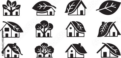 Minimalist solid black house icons with leaves and trees, sustainable living and eco-home concept.