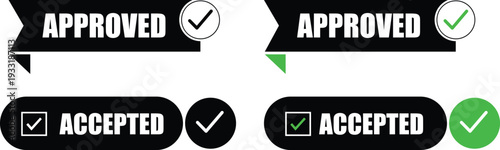 Approved and accepted badge label collection with check mark Icons, Modern black and green verification stamps, quality assurance status symbols Isolated on transparent Background.
