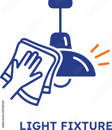 Hand cleaning a blue industrial style light fixture with a white cloth indicating maintenance and care for home or office lighting isolated on transparent background