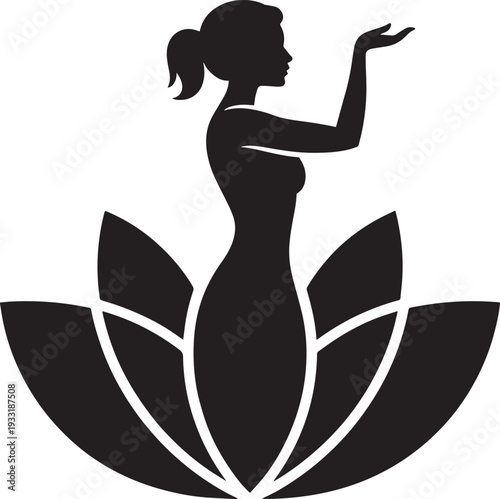 Black silhouette of a woman standing on a lotus flower yoga pose peaceful and serene illustration