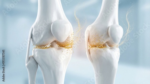 Comparison of a healthy knee joint with one experiencing cartilage degradation and inflammation, illustrating osteoarthritis progression