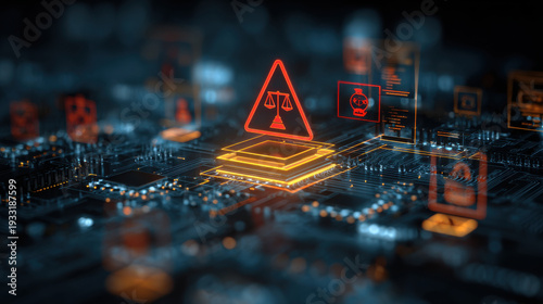 Artificial intelligence law icon digital justice cyber security technology circuit board glow warning symbol