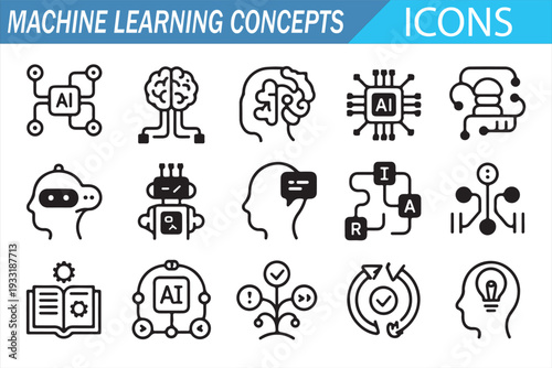 Artificial Intelligence Technology Icons – Modern Outline Machine Learning Collection