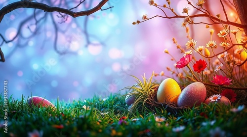 Dreamy Easter background with eggs, flowers and bokeh lights on forest background
