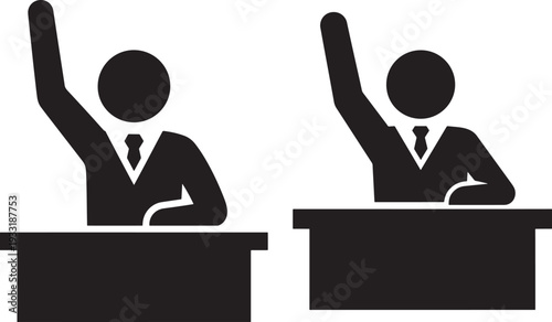 Silhouette students raising hands at desks in classroom