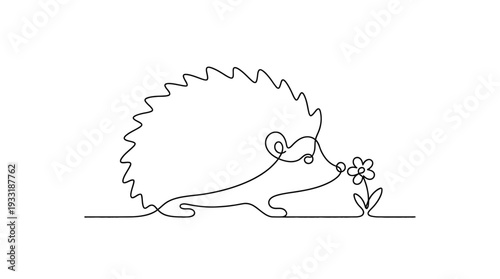 Hedgehog Sniffing Flower One-Line Icon, Single Continuous Line Minimal Zigzag Spine Outline