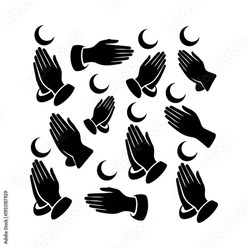 Praying Hands and Crescent Moon Silhouette Set. Islamic Prayer Gesture Icons for Ramadan Kareem and Eid Mubarak. Black Religious Vector Illustration.